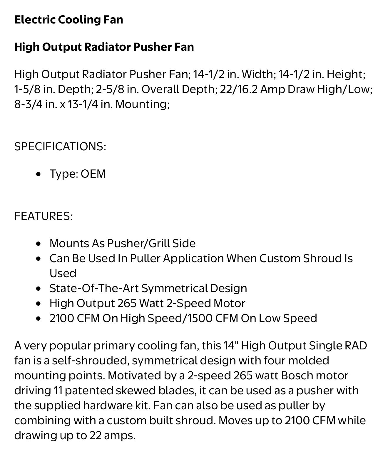 14” 2100 CFM cooling fan 2 speed